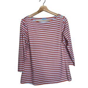 J. McLaughlin Wavesong Stripe Boat Neck 3/4 Sleeve Button Shoulder Tee Large
